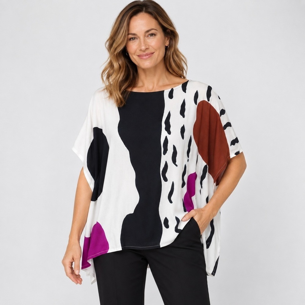 Sylca Tunic Top Women OS Abstract Artwear Relaxed Oversized Hand Painted Batwing